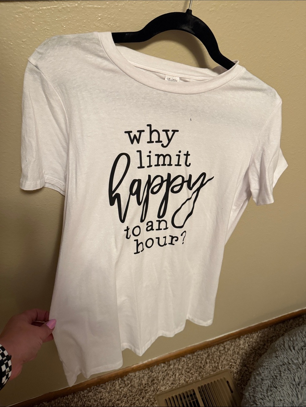 Twisted White Short Sleeve Tee with Black Text "why limit happy to an hour?"
